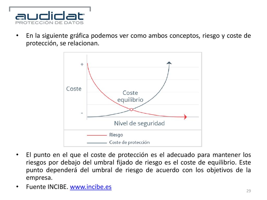 En la siguiente gráfica podemos ver como ambos conceptos, riesgo y coste de protección, se relacionan.
