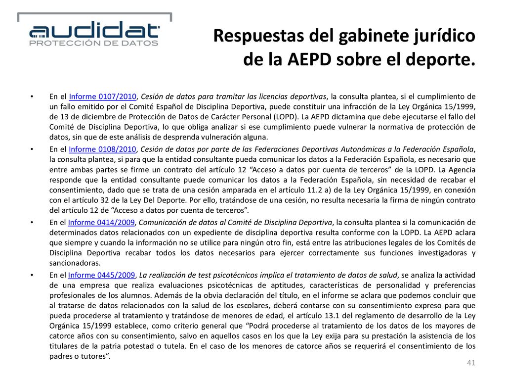 Respuestas del gabinete jurídico de la AEPD sobre el deporte.