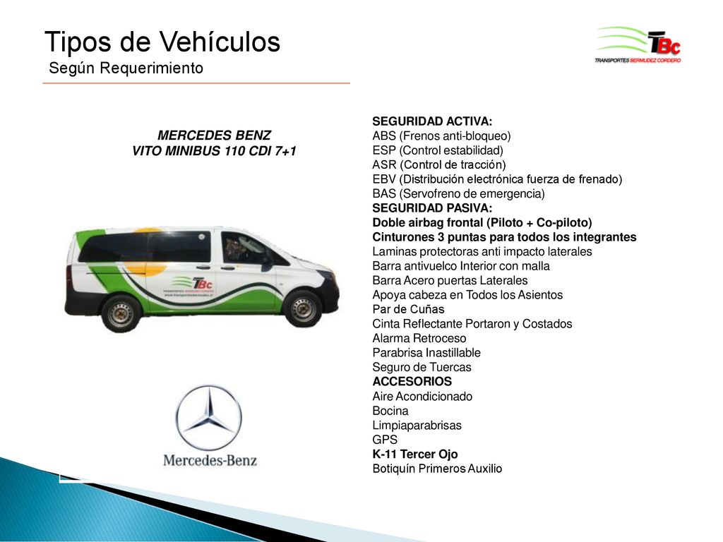 Tipos de Vehículos Según Requerimiento MERCEDES BENZ