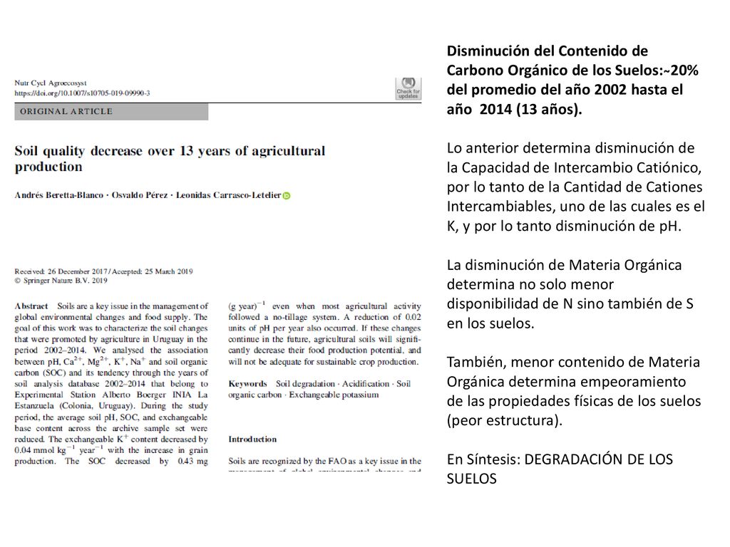 Disminución del Contenido de Carbono Orgánico de los Suelos: ̴20% del promedio del año 2002 hasta el año 2014 (13 años).