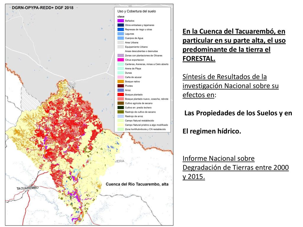 En la Cuenca del Tacuarembó, en particular en su parte alta, el uso predominante de la tierra el FORESTAL.