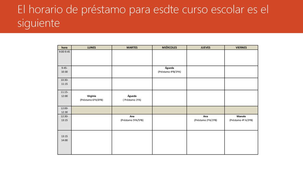El horario de préstamo para esdte curso escolar es el siguiente