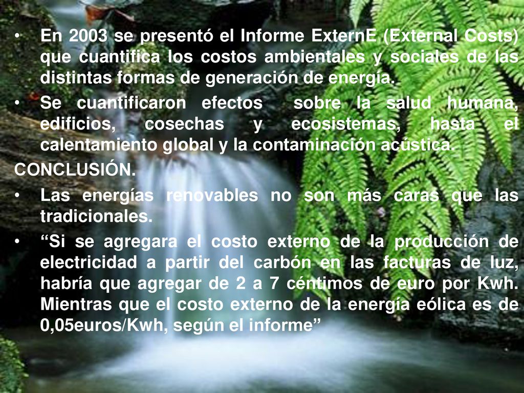 En 2003 se presentó el Informe ExternE (External Costs) que cuantifica los costos ambientales y sociales de las distintas formas de generación de energía.