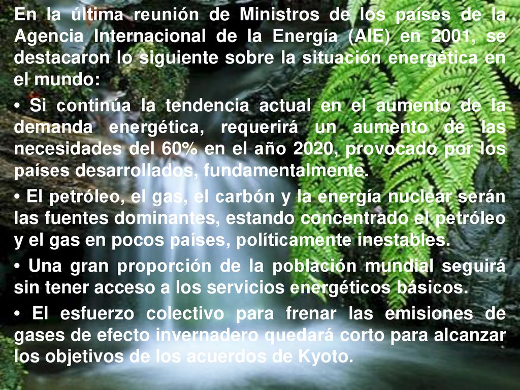 En la última reunión de Ministros de los países de la Agencia Internacional de la Energía (AIE) en 2001, se destacaron lo siguiente sobre la situación energética en el mundo: