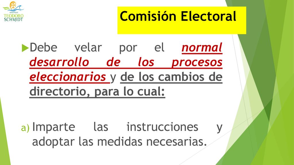 Comisión Electoral Debe velar por el normal desarrollo de los procesos eleccionarios y de los cambios de directorio, para lo cual: