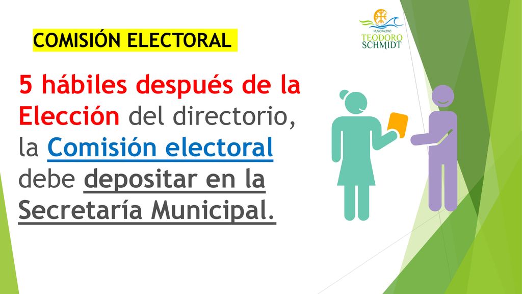 COMISIÓN ELECTORAL 5 hábiles después de la Elección del directorio, la Comisión electoral debe depositar en la Secretaría Municipal.