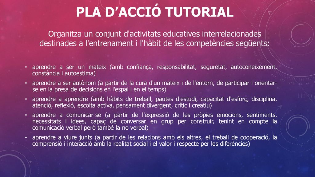 PLA D’ACCIÓ TUTORIAL Organitza un conjunt d activitats educatives interrelacionades destinades a l entrenament i l hàbit de les competències següents: