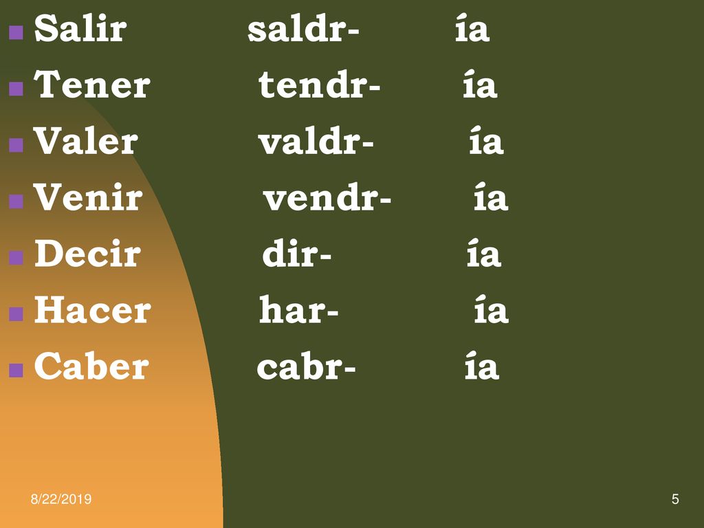 Salir saldr- ía Tener tendr- ía Valer valdr- ía Venir vendr- ía