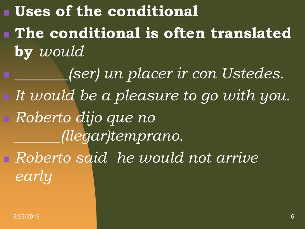 Uses of the conditional The conditional is often translated by would