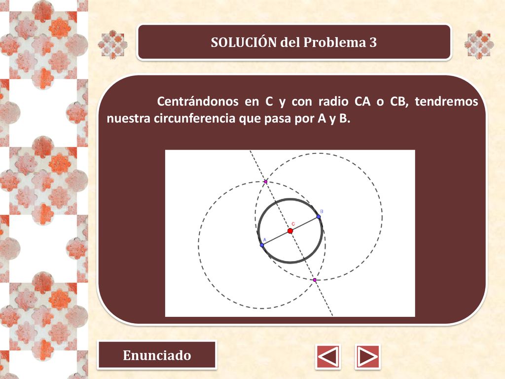 SOLUCIÓN del Problema 3 Centrándonos en C y con radio CA o CB, tendremos nuestra circunferencia que pasa por A y B.