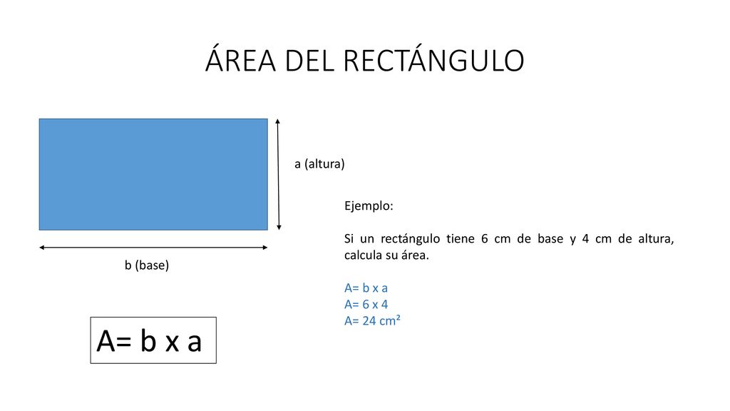 ÁREA DEL RECTÁNGULO A= b x a a (altura) Ejemplo: