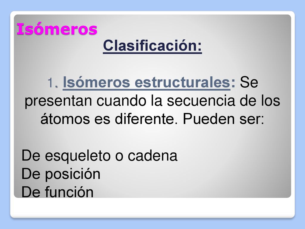 Isómeros Clasificación: De esqueleto o cadena De posición De función