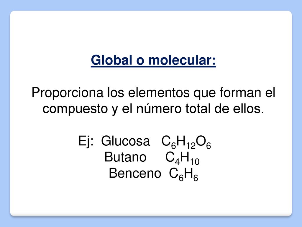 Global o molecular: Proporciona los elementos que forman el compuesto y el número total de ellos. Ej: Glucosa C6H12O6.