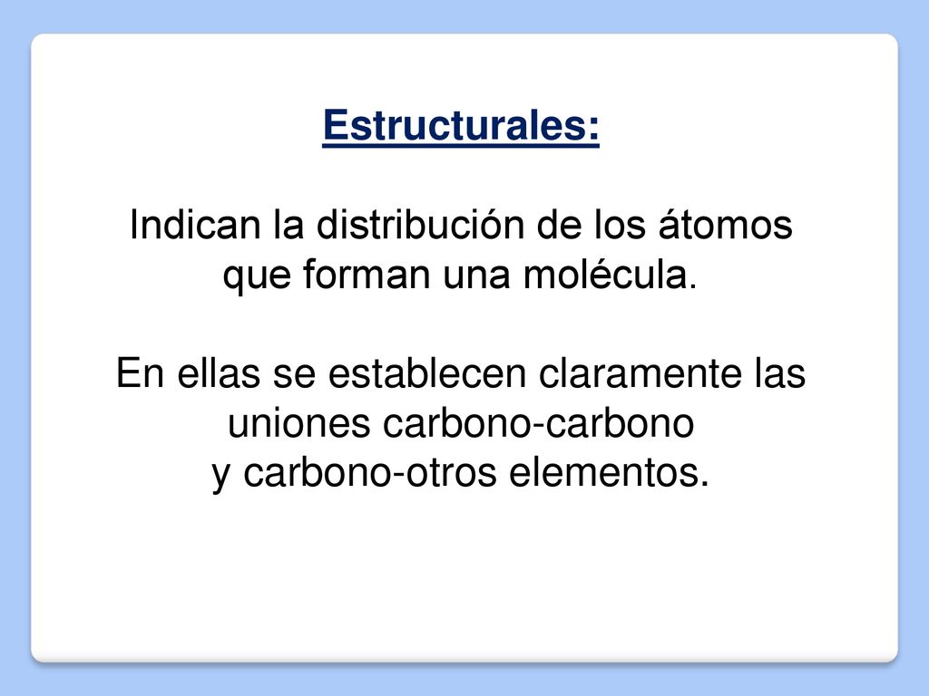 Indican la distribución de los átomos que forman una molécula.