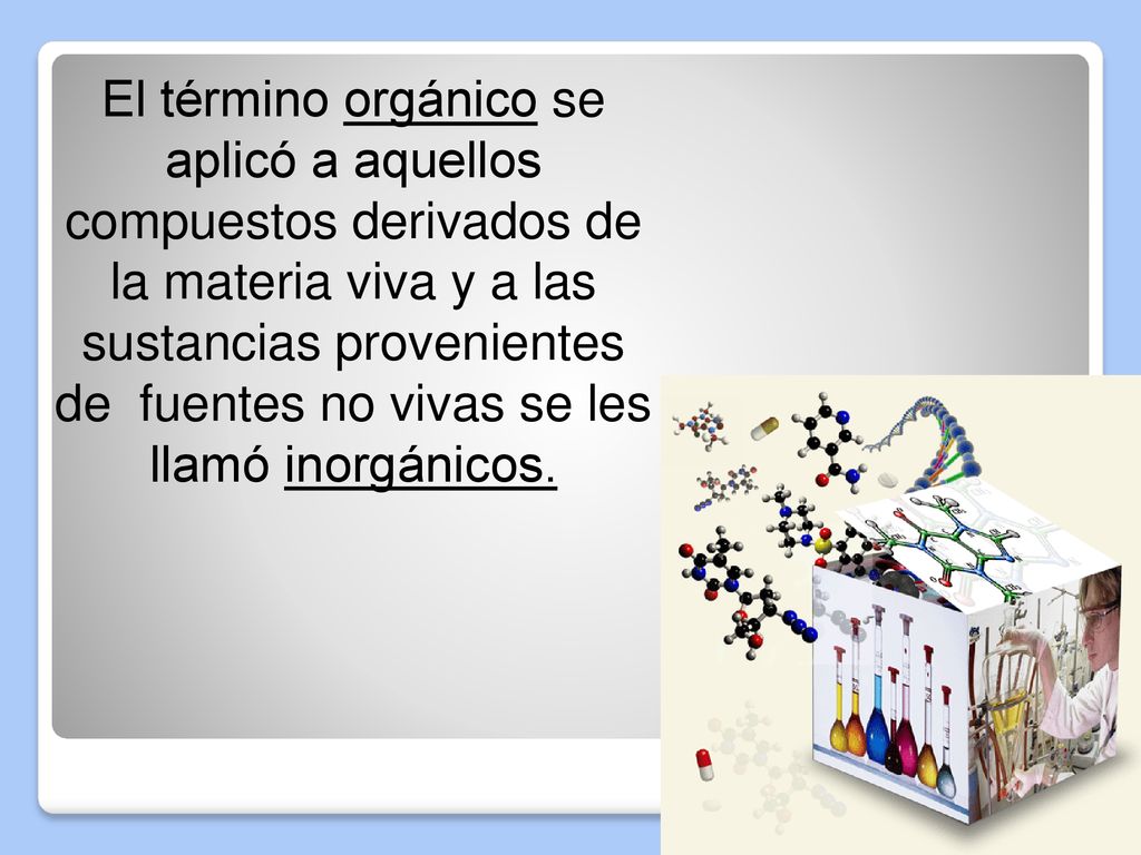 El término orgánico se aplicó a aquellos compuestos derivados de la materia viva y a las sustancias provenientes de fuentes no vivas se les llamó inorgánicos.