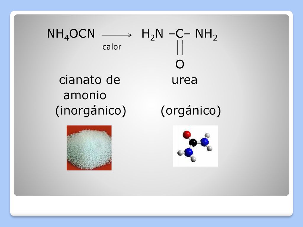 NH4OCN H2N –C– NH2 calor O cianato de urea amonio (inorgánico) (orgánico)