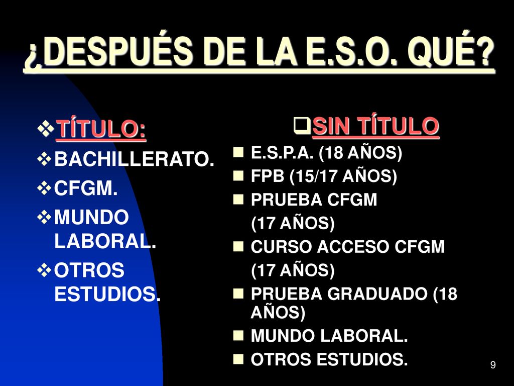 ¿DESPUÉS DE LA E.S.O. QUÉ TÍTULO: SIN TÍTULO BACHILLERATO. CFGM.