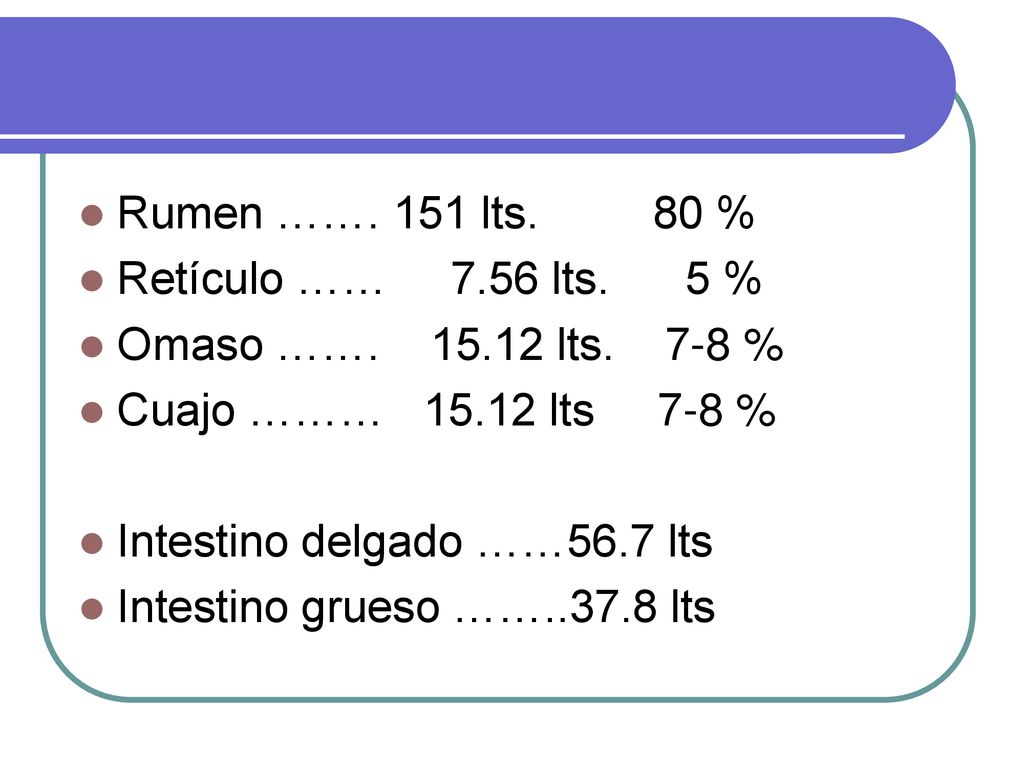 Rumen ……. 151 lts. 80 % Retículo …… 7.56 lts. 5 % Omaso …… lts. 7-8 %