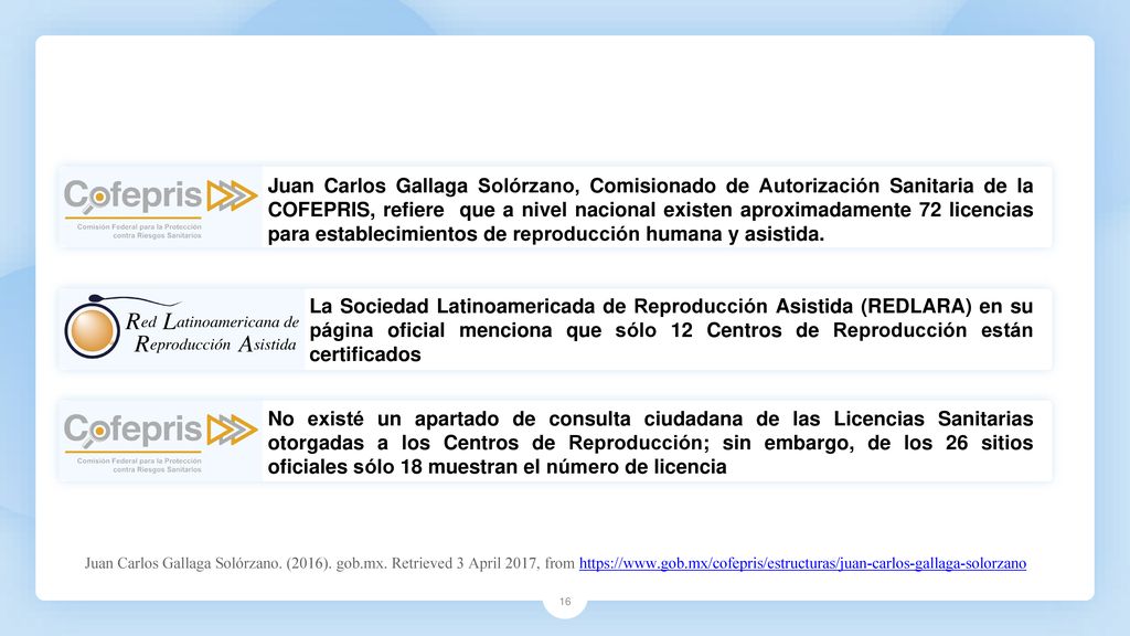Juan Carlos Gallaga Solórzano, Comisionado de Autorización Sanitaria de la COFEPRIS, refiere que a nivel nacional existen aproximadamente 72 licencias para establecimientos de reproducción humana y asistida.
