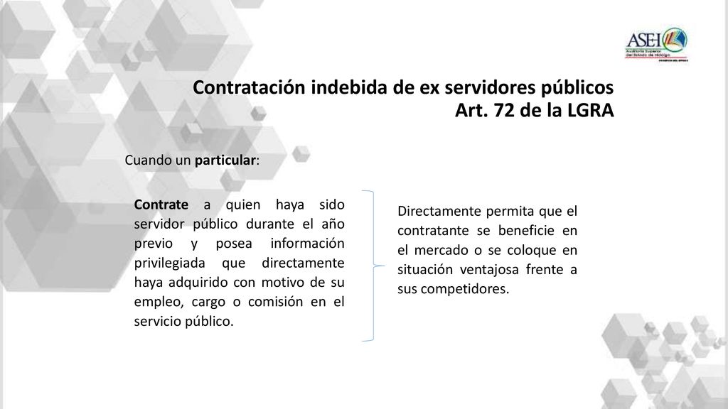 Contratación indebida de ex servidores públicos Art. 72 de la LGRA