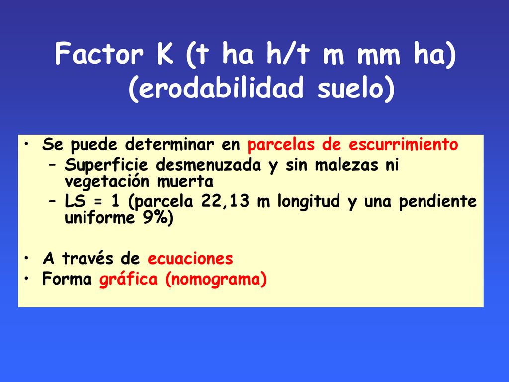 Factor K (t ha h/t m mm ha) (erodabilidad suelo)