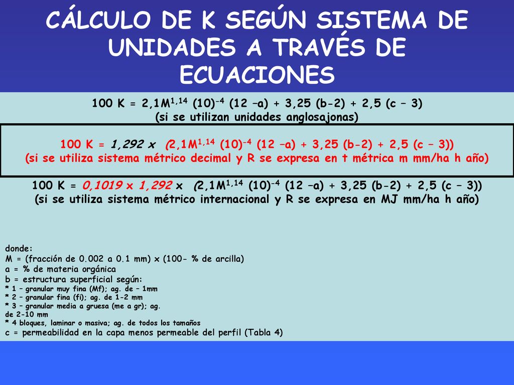 CÁLCULO DE K SEGÚN SISTEMA DE UNIDADES A TRAVÉS DE ECUACIONES