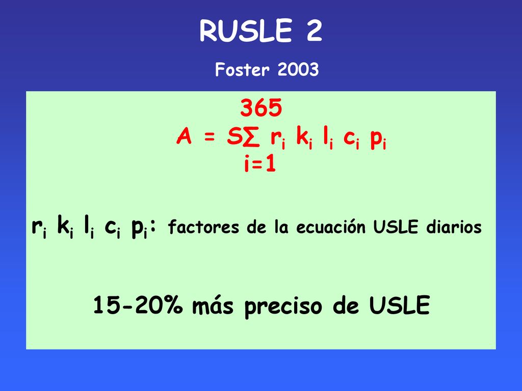 RUSLE 2 Foster A = S∑ ri ki li ci pi i=1