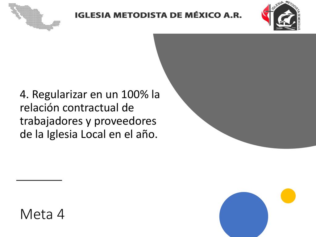 4. Regularizar en un 100% la relación contractual de trabajadores y proveedores de la Iglesia Local en el año.
