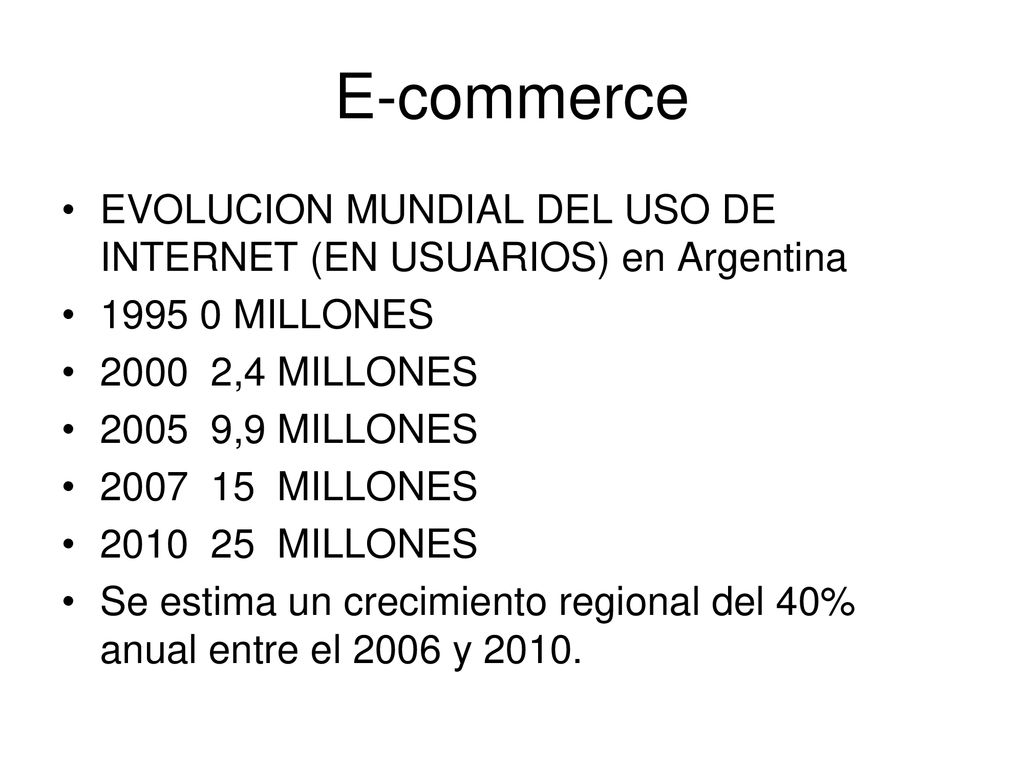 E-commerce EVOLUCION MUNDIAL DEL USO DE INTERNET (EN USUARIOS) en Argentina MILLONES ,4 MILLONES.