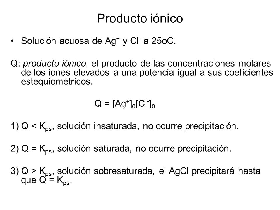 Producto iónico Solución acuosa de Ag+ y Cl- a 25oC.