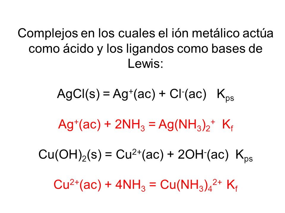 AgCl(s) = Ag+(ac) + Cl-(ac) Kps Ag+(ac) + 2NH3 = Ag(NH3)2+ Kf