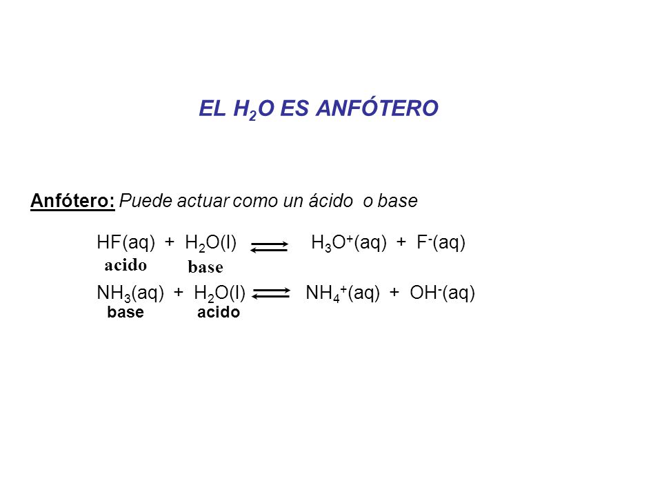 HF(aq) + H2O(l) H3O+(aq) + F-(aq) NH3(aq) + H2O(l) NH4+(aq) + OH-(aq)