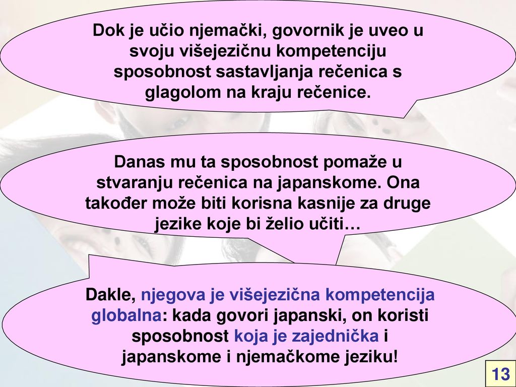 Dok je učio njemački, govornik je uveo u svoju višejezičnu kompetenciju sposobnost sastavljanja rečenica s glagolom na kraju rečenice.