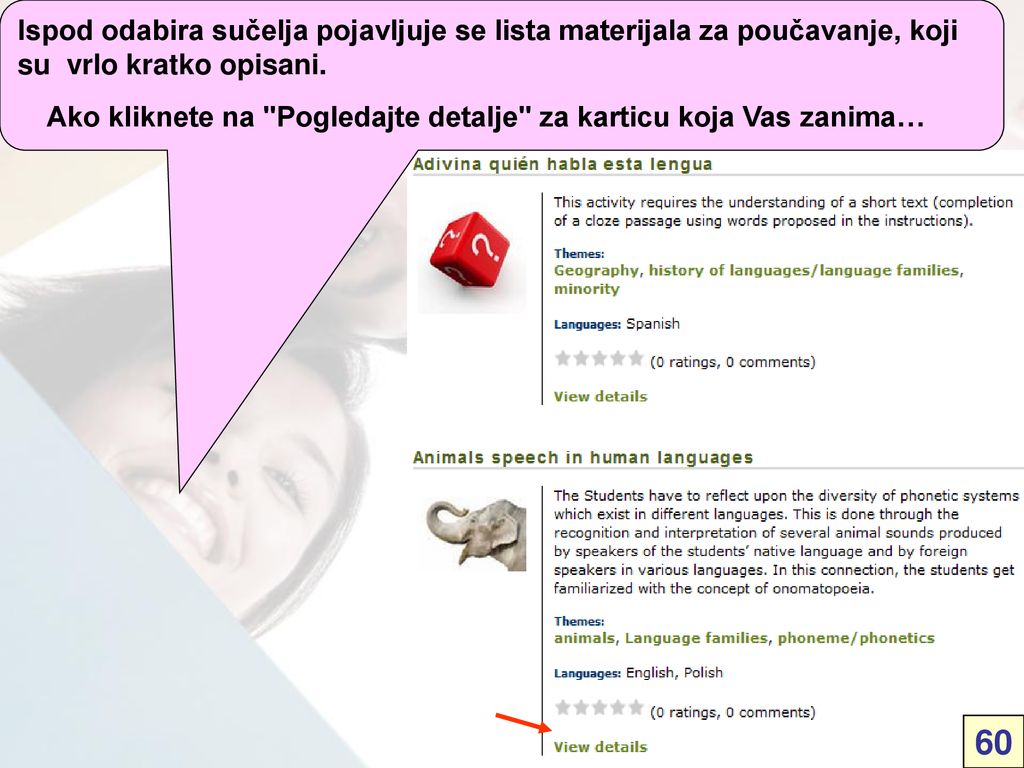 Ispod odabira sučelja pojavljuje se lista materijala za poučavanje, koji su vrlo kratko opisani.