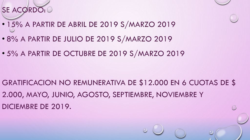 SE ACORDO: 15% a partir de abril de 2019 s/marzo % a partir de julio de 2019 s/marzo % a partir de octubre de 2019 s/marzo