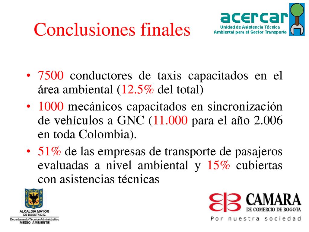 Conclusiones finales 7500 conductores de taxis capacitados en el área ambiental (12.5% del total)