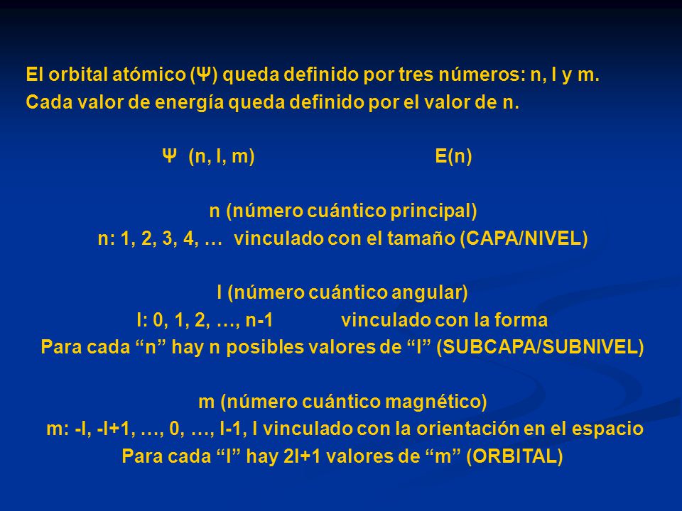 El orbital atómico (Ψ) queda definido por tres números: n, l y m.