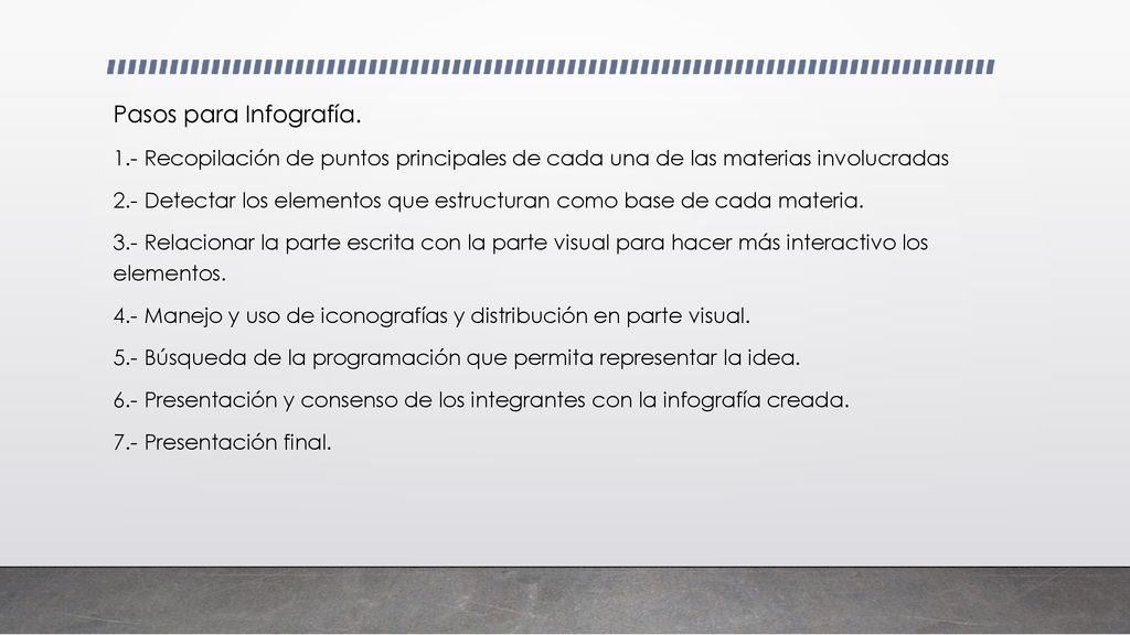 Pasos para Infografía. 1.- Recopilación de puntos principales de cada una de las materias involucradas.