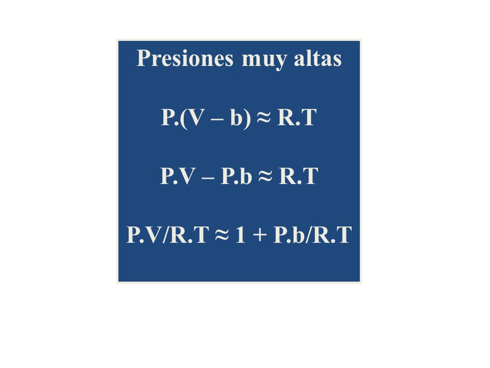Presiones muy altas P.(V – b) ≈ R.T P.V – P.b ≈ R.T P.V/R.T ≈ 1 + P.b/R.T