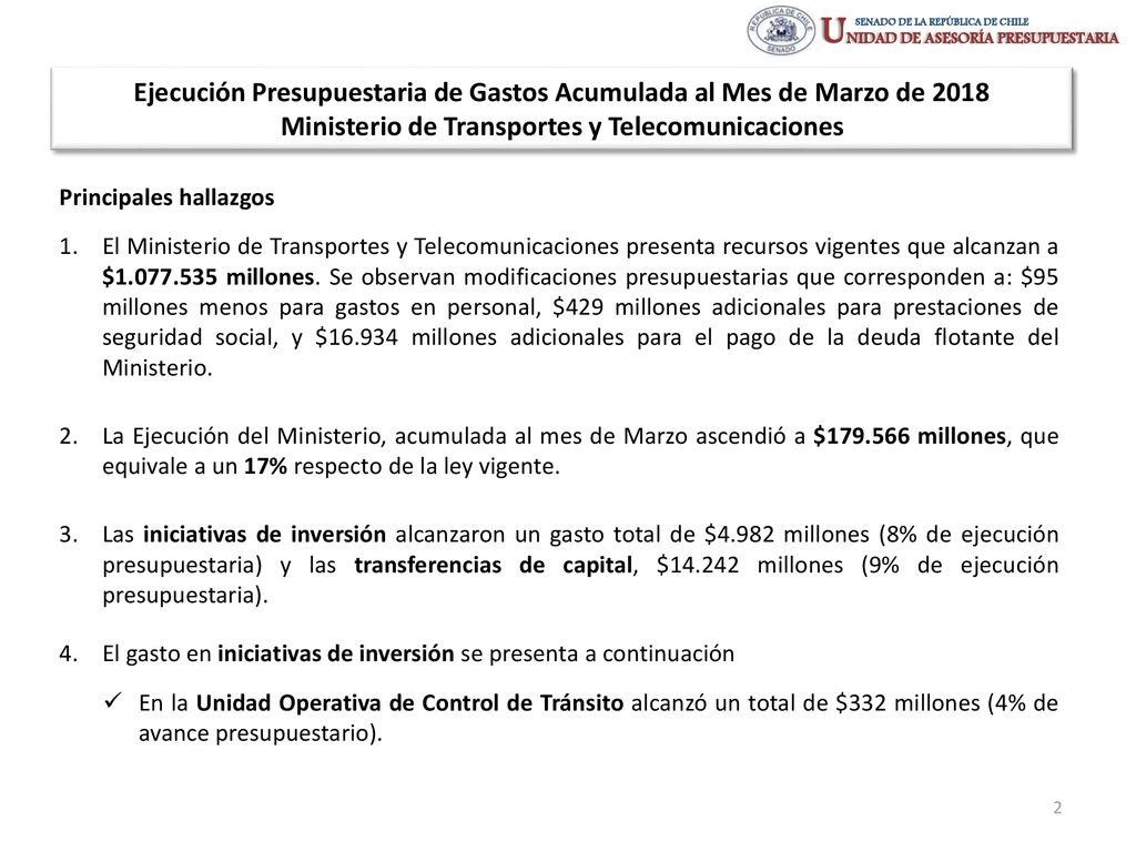 Ejecución Presupuestaria de Gastos Acumulada al Mes de Marzo de 2018 Ministerio de Transportes y Telecomunicaciones
