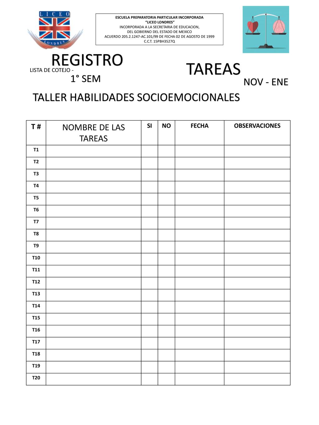 REGISTRO TAREAS TALLER HABILIDADES SOCIOEMOCIONALES 1° SEM NOV - ENE