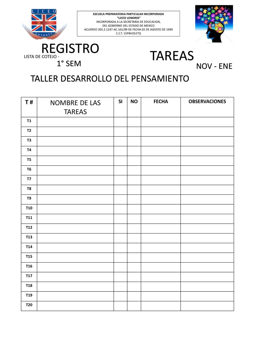 REGISTRO TAREAS TALLER DESARROLLO DEL PENSAMIENTO 1° SEM NOV - ENE