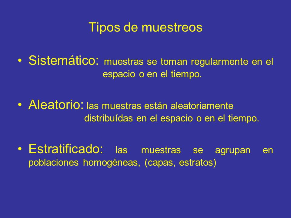Tipos de muestreos Sistemático: muestras se toman regularmente en el espacio o en el tiempo.