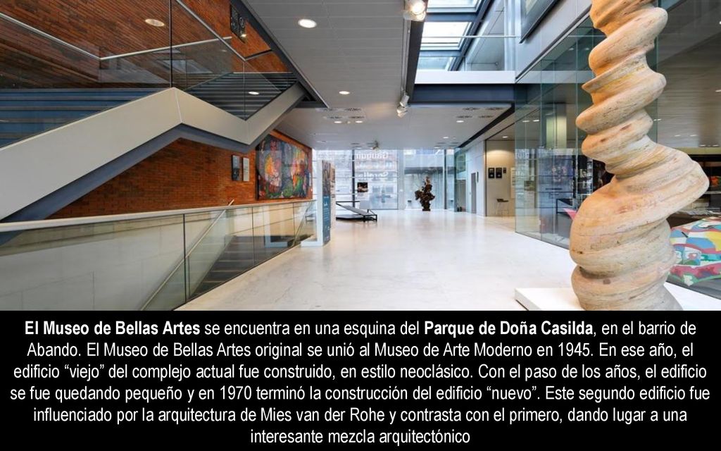 El Museo de Bellas Artes se encuentra en una esquina del Parque de Doña Casilda, en el barrio de Abando.