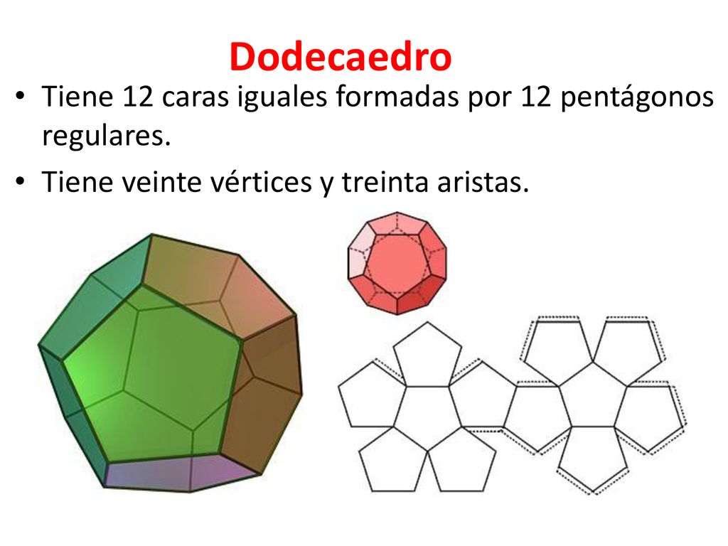 Dodecaedro Tiene 12 caras iguales formadas por 12 pentágonos regulares.