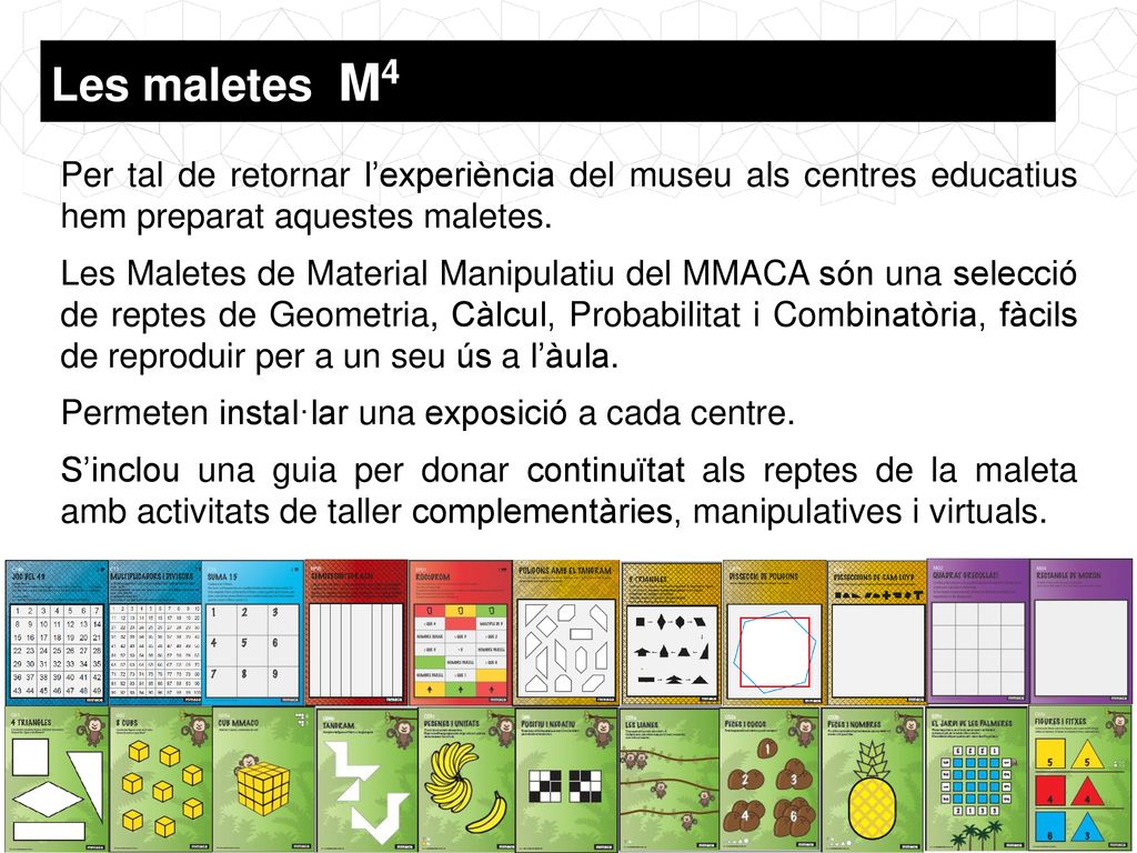 Les maletes M4 Per tal de retornar l’experiència del museu als centres educatius hem preparat aquestes maletes.