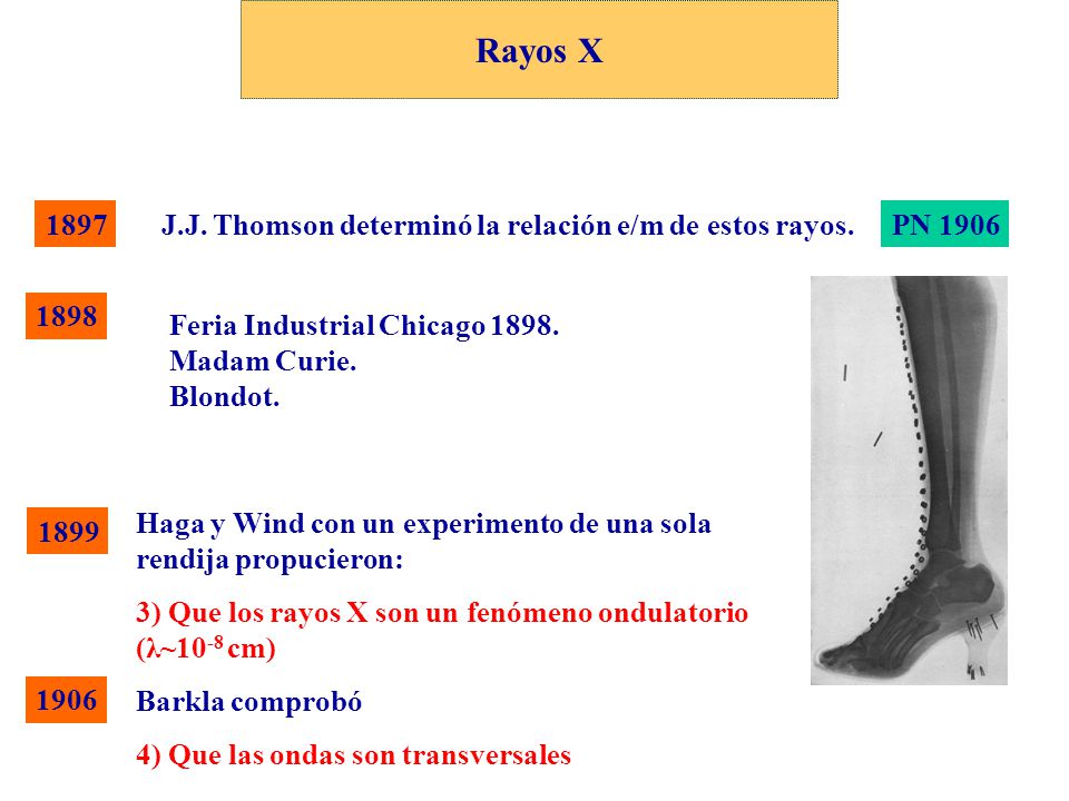 Rayos X 1897 J.J. Thomson determinó la relación e/m de estos rayos.