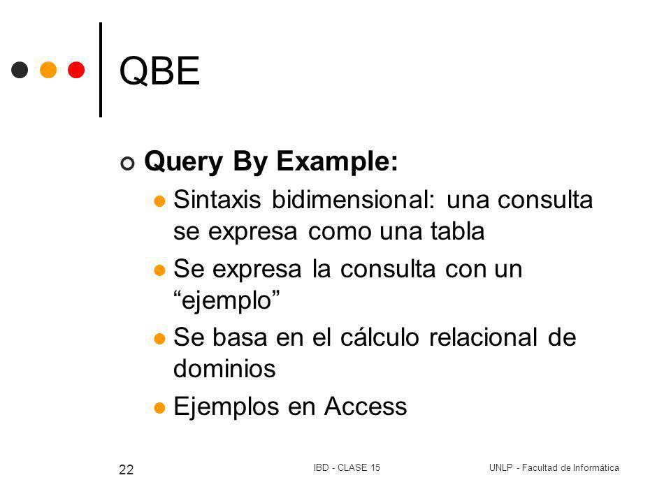 QBE Query By Example: Sintaxis bidimensional: una consulta se expresa como una tabla. Se expresa la consulta con un ejemplo