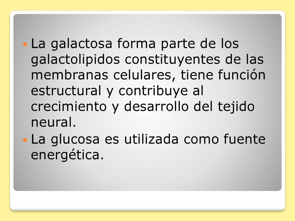 La galactosa forma parte de los galactolipidos constituyentes de las membranas celulares, tiene función estructural y contribuye al crecimiento y desarrollo del tejido neural.