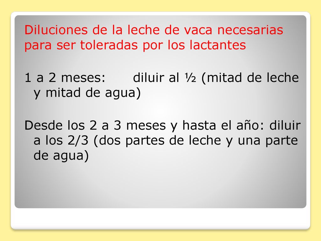 Diluciones de la leche de vaca necesarias para ser toleradas por los lactantes 1 a 2 meses: diluir al ½ (mitad de leche y mitad de agua) Desde los 2 a 3 meses y hasta el año: diluir a los 2/3 (dos partes de leche y una parte de agua)
